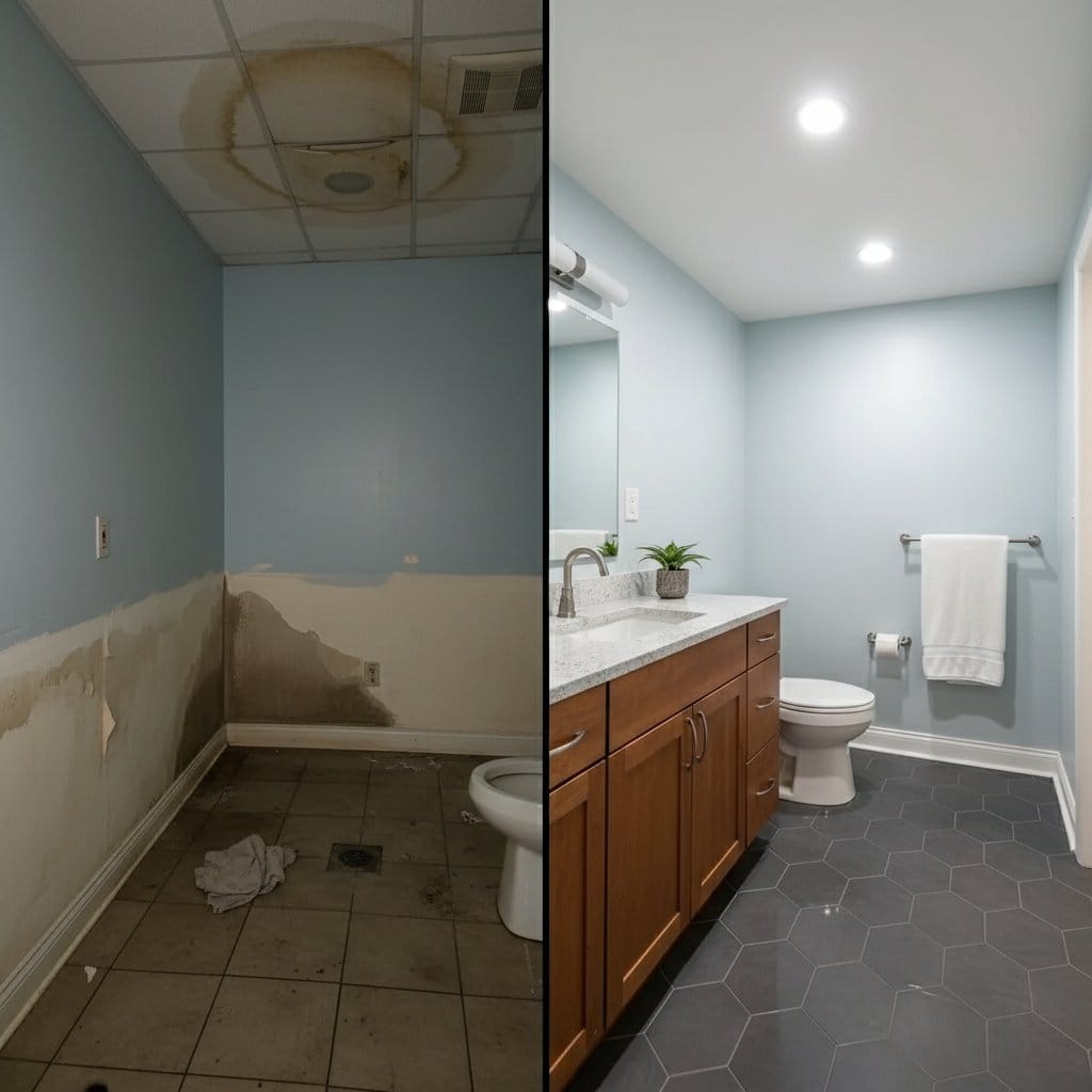 Before and after water damage restoration in Tenafly split-level home bathroom