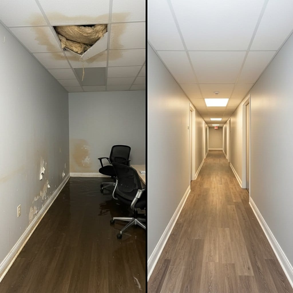 Emergency Water Removal restoration — commercial office space of Tudor home in Tenafly, NJ