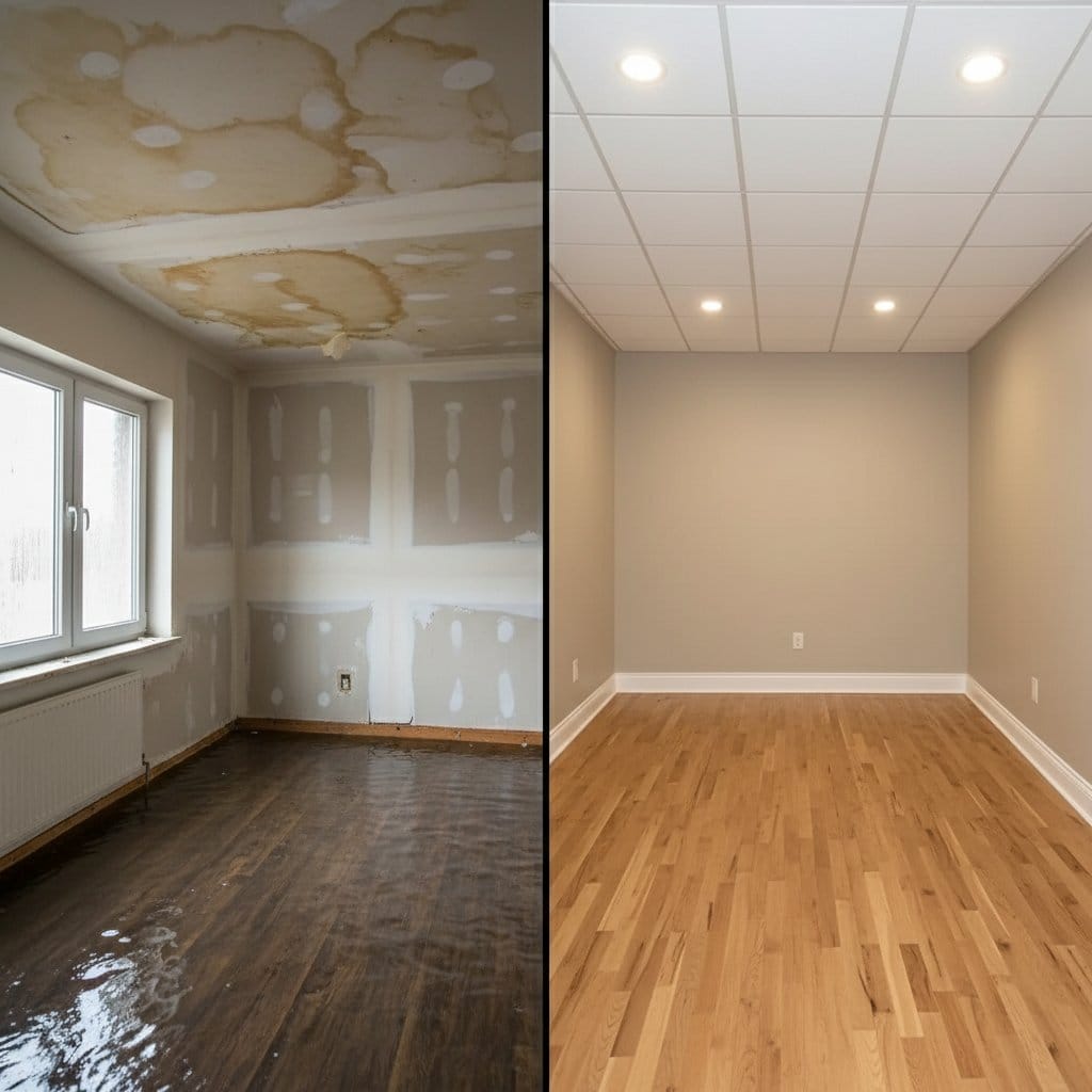 Before and after emergency water removal in Tenafly two-story residence bedroom