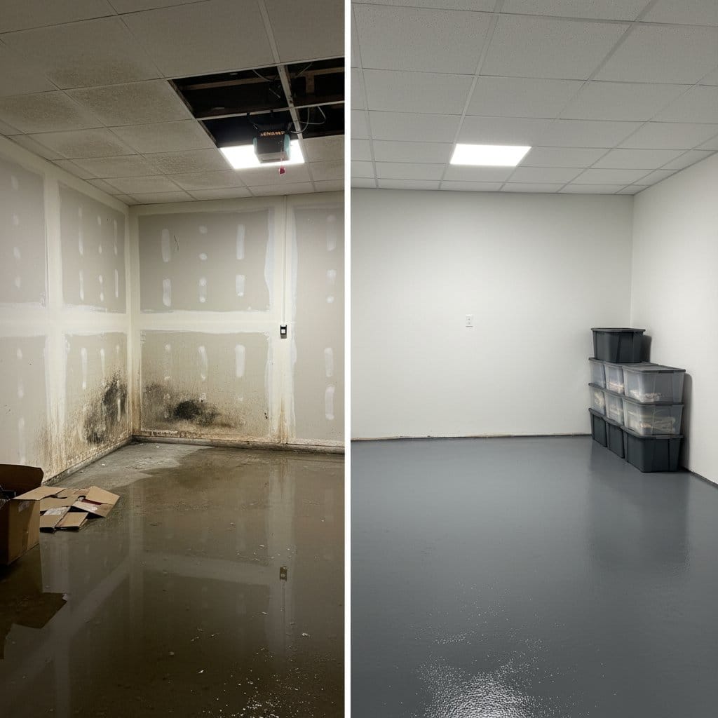Basement Flood Cleanup before and after in garage, Tenafly NJ