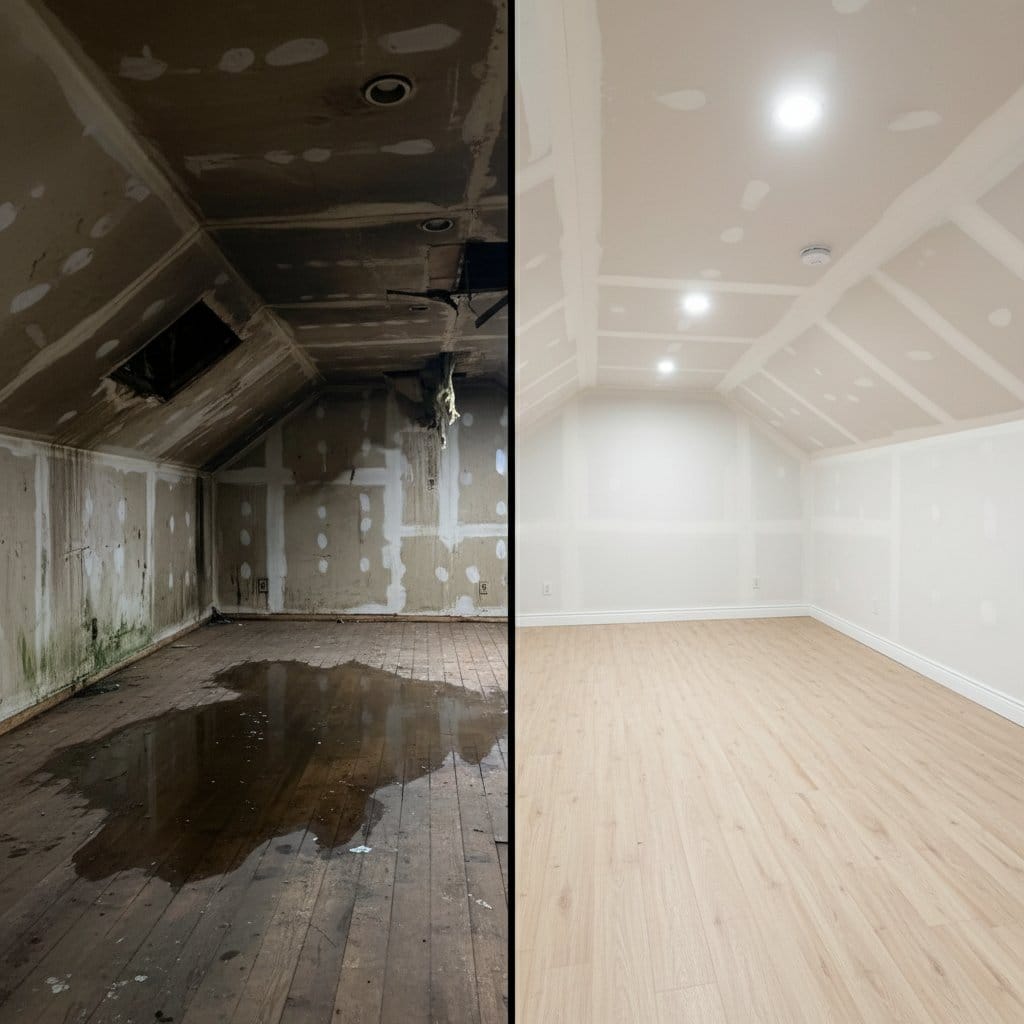 Before and after basement flood cleanup in Tenafly commercial property attic space
