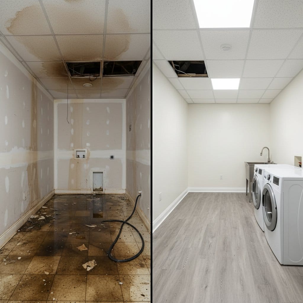 Burst Pipe & Plumbing Leak Damage restoration — laundry room of contemporary home in Tenafly, NJ