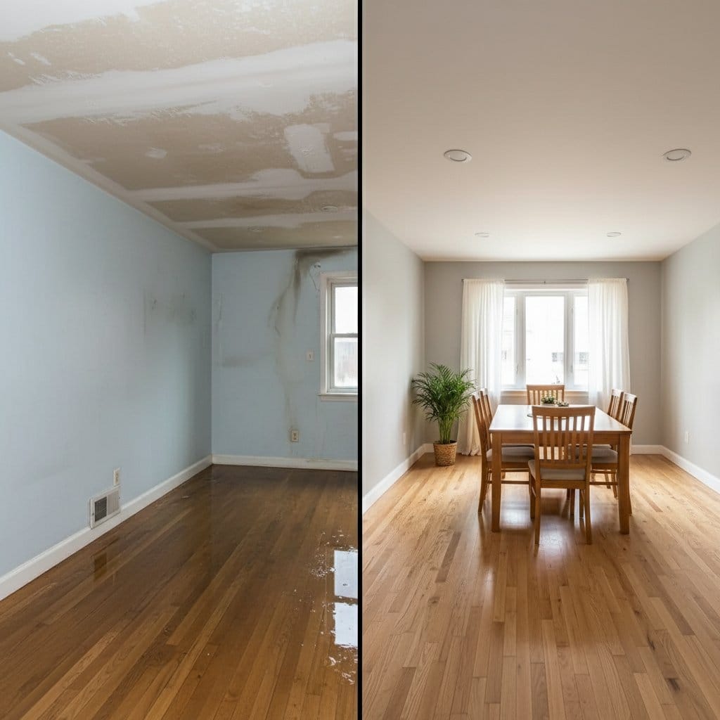 Before and after burst pipe & plumbing leak damage in Tenafly bungalow dining room