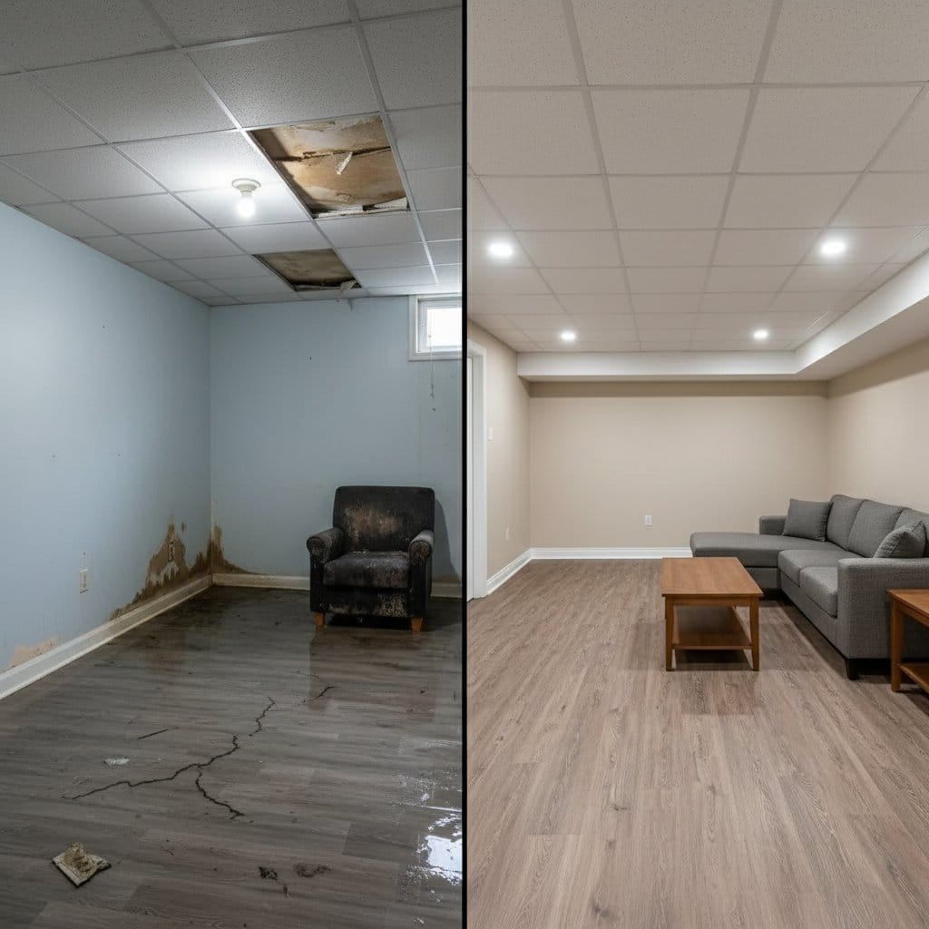 Storm & Roof Leak Water Damage before and after in finished basement, Tenafly NJ