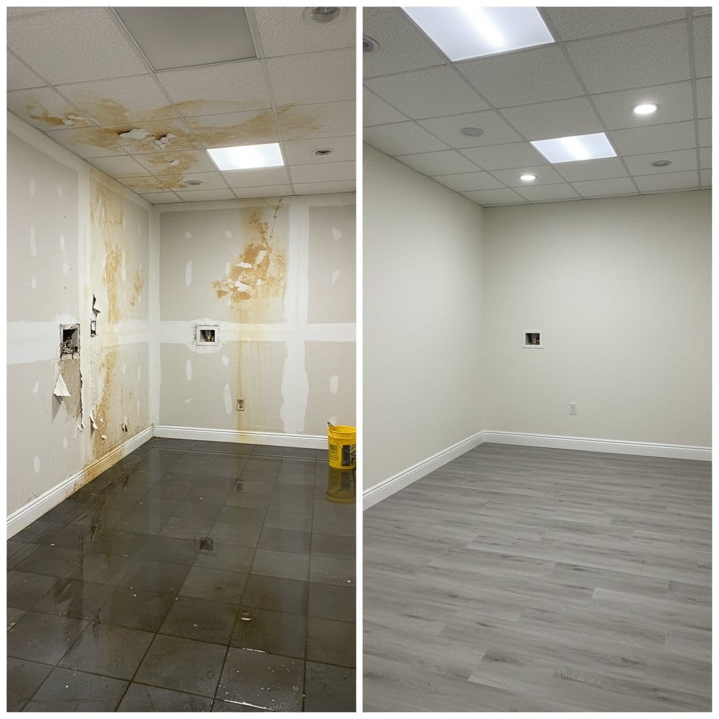 Storm & Roof Leak Water Damage restoration — utility room of split-level home in Tenafly, NJ