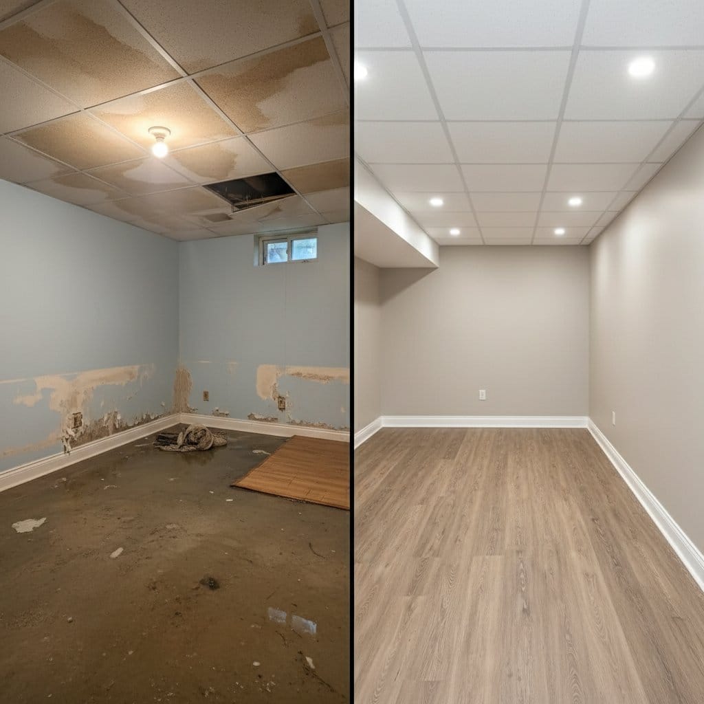 Sewage Backup Cleanup before and after in residential basement, Tenafly NJ