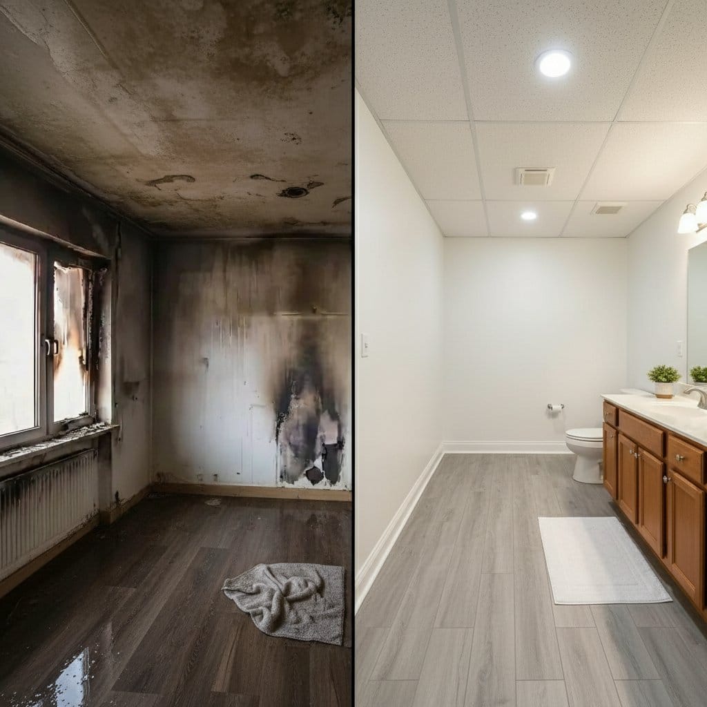 Before and after sewage backup cleanup in Tenafly private residence bathroom