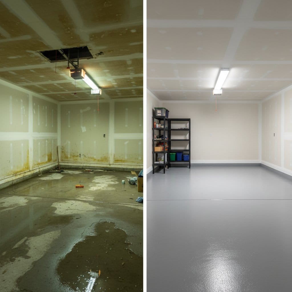 Carpet & Flooring Water Damage Cleanup before and after in garage, Tenafly NJ