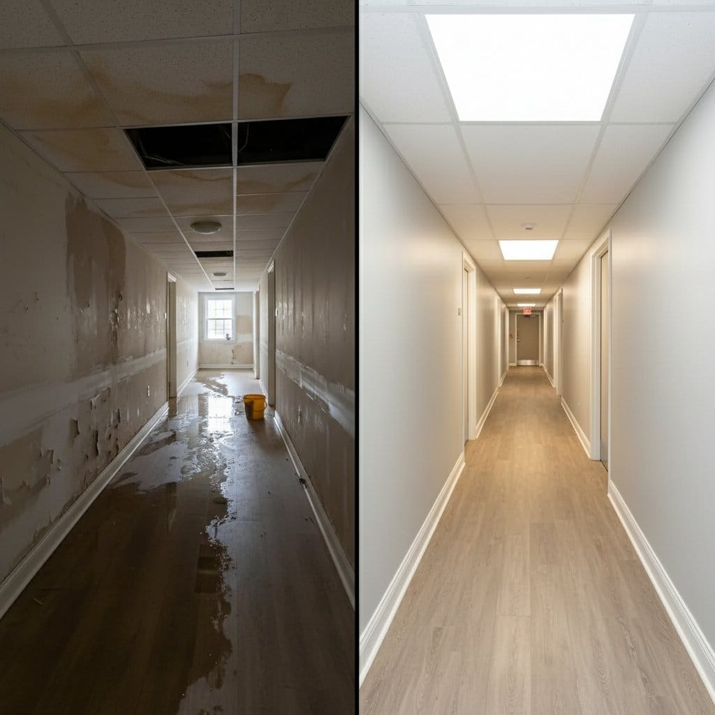 Wall & Ceiling Dry-Out before and after in hallway, Tenafly NJ