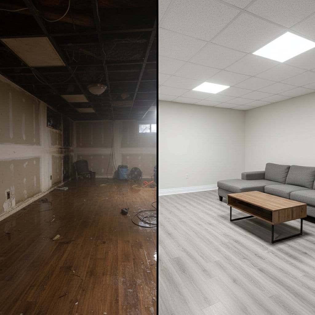 Content Drying & Property Cleanup before and after in finished basement, Tenafly NJ