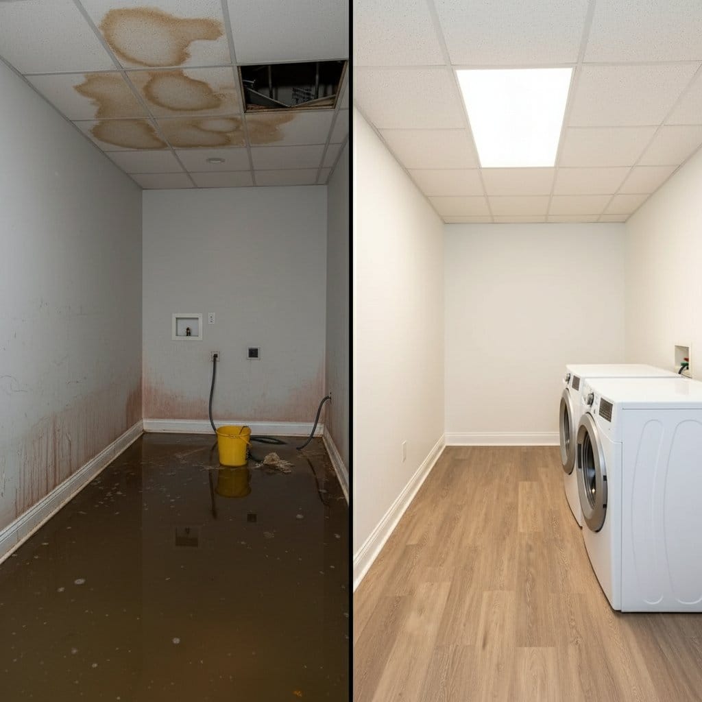 Content Drying & Property Cleanup restoration — utility room of private residence in Tenafly, NJ