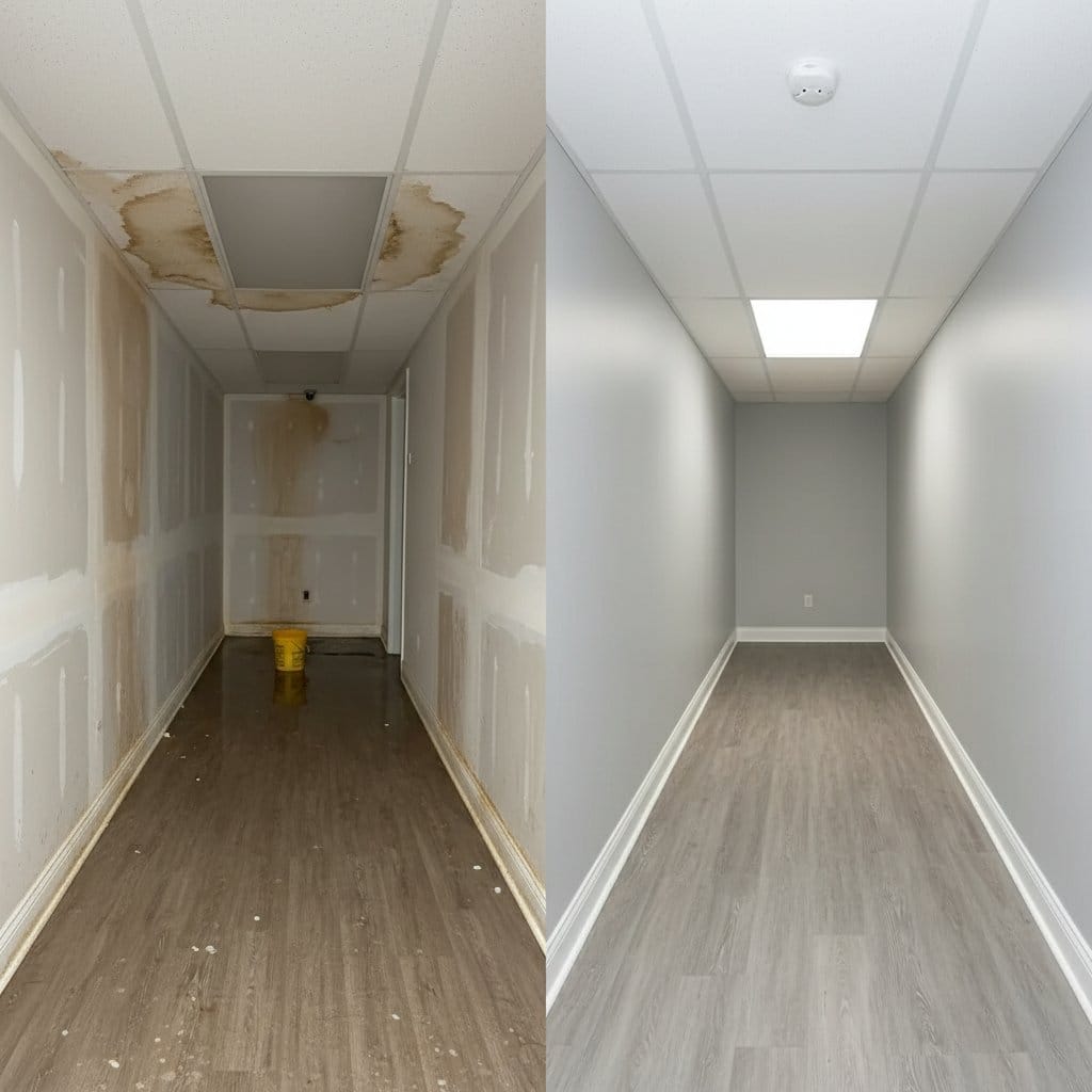 Before and after content drying & property cleanup in Tenafly townhouse storefront interior