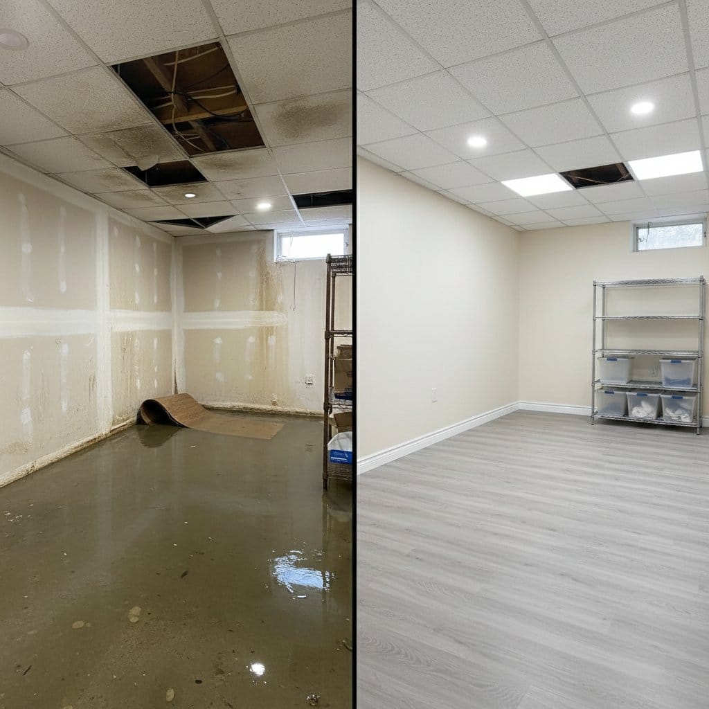 Mold Prevention After Water Damage before and after in residential basement, Tenafly NJ