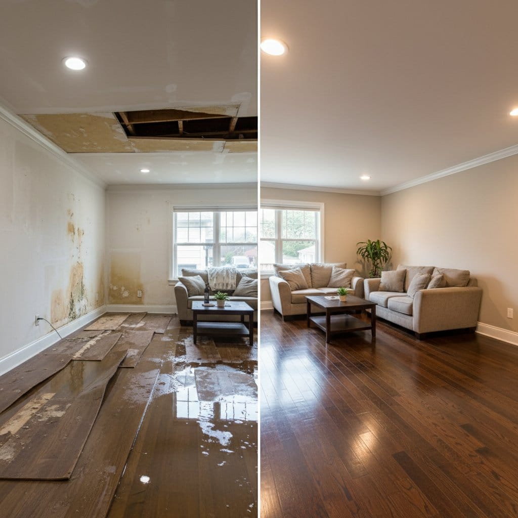 Tenafly Water Damage Restoration living room restoration before and after in Tenafly